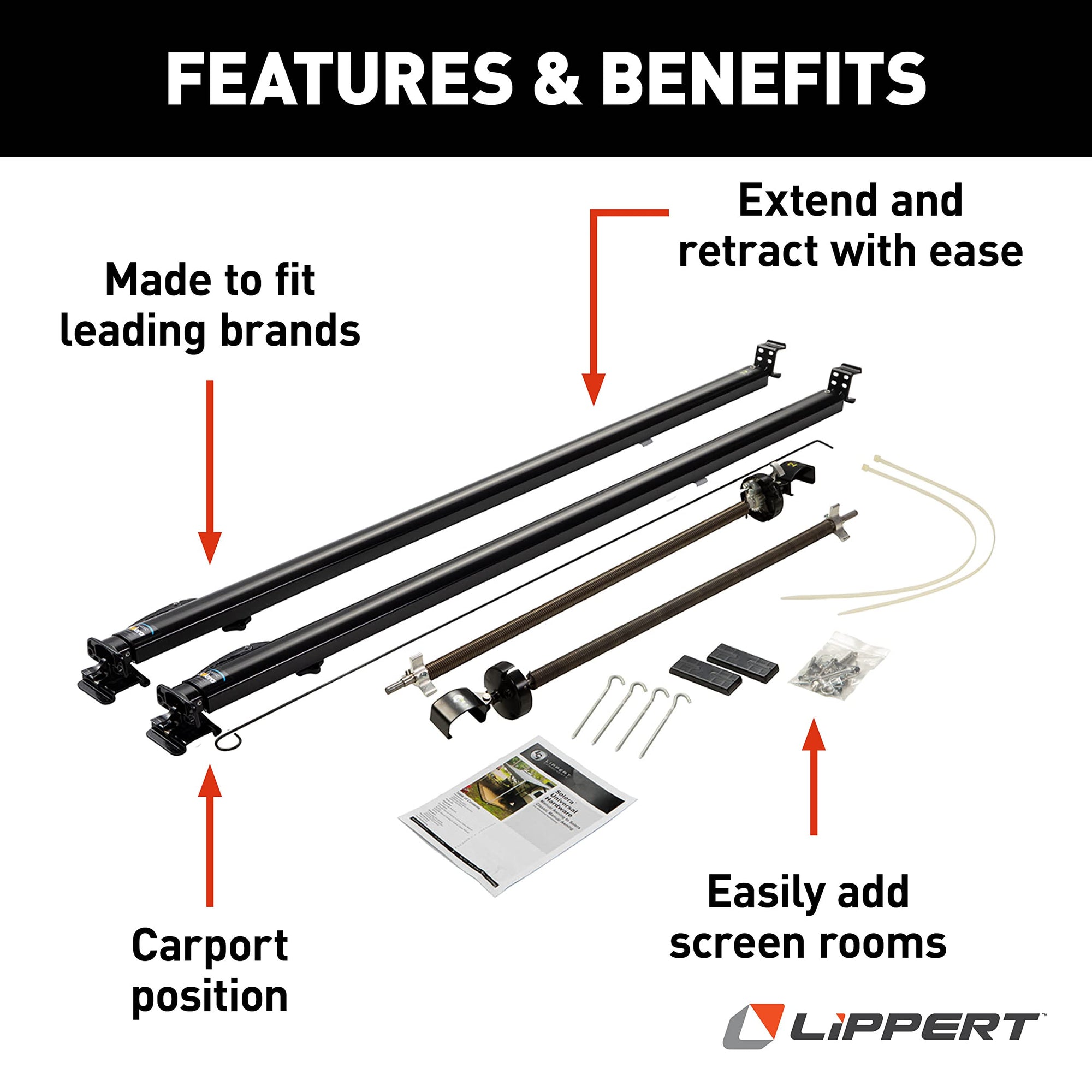 Solera Universal Classic RV Awning Arms & Hardware Kit - 68"-81" Standard, Black