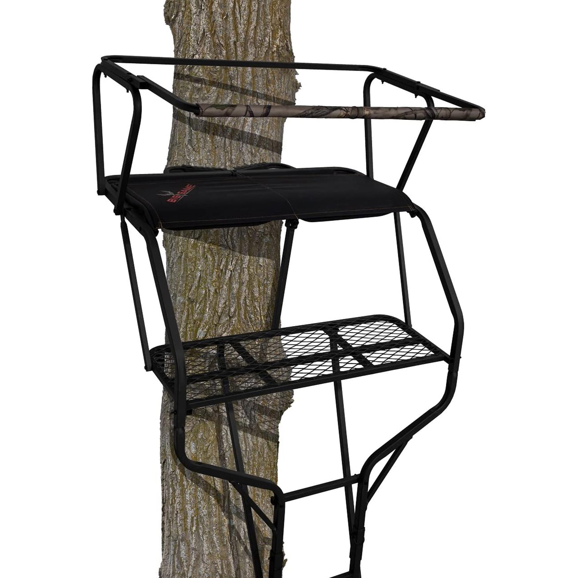 2-Person Big Game Ladder Tree Stand For Hunting Deer with Seats, 18' Tall, Camo/Black - Adjustable Climbing Treestand with Platform and Safety Harness for Shooting