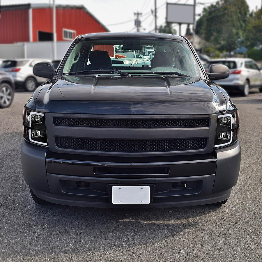 Black Headlights w/LED Light Bar SPEC-D TUNING Compatible with 2007-2013 Chevy Silverado 1500, 2007-2014 Silverado 2500HD 3500HD, Left + Right Pair Headlamp Assembly