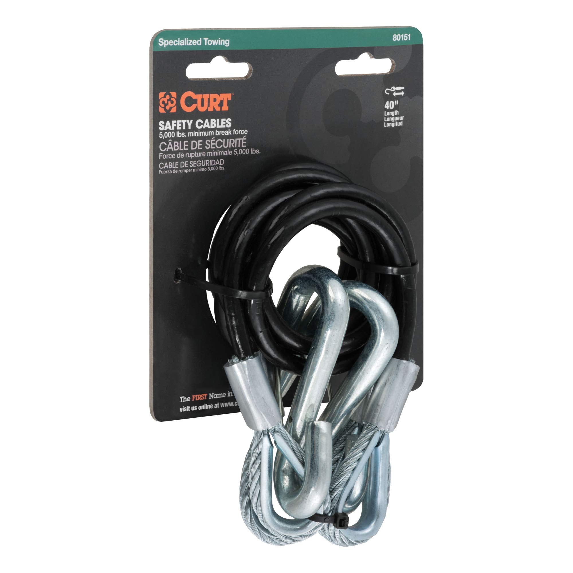 CURT 80151 Vinyl-Coated 44-1/2-Inch Trailer Safety Cables, 7/16-In Snap Hooks, 5,000 lbs Break Strength, 2-Pack