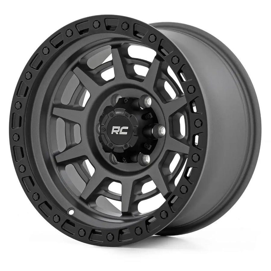 Rough Country One-Piece 85 Series Aluminum Wheel with Simulated Beadlock - 17x9, 6x5.5" Bolt Pattern, 18mm Offset, Gunmetal Gray/Black