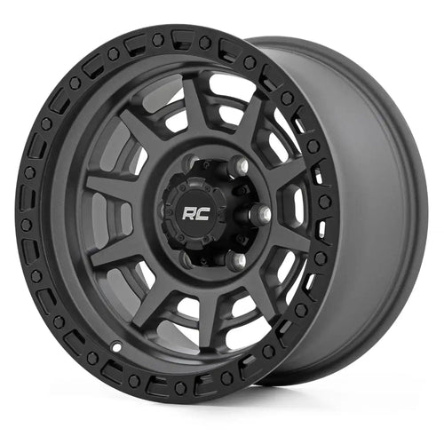 Rough Country One-Piece 85 Series Aluminum Wheel with Simulated Beadlock - 17x9, 6x5.5" Bolt Pattern, 12mm Offset, Gunmetal Gray/Black