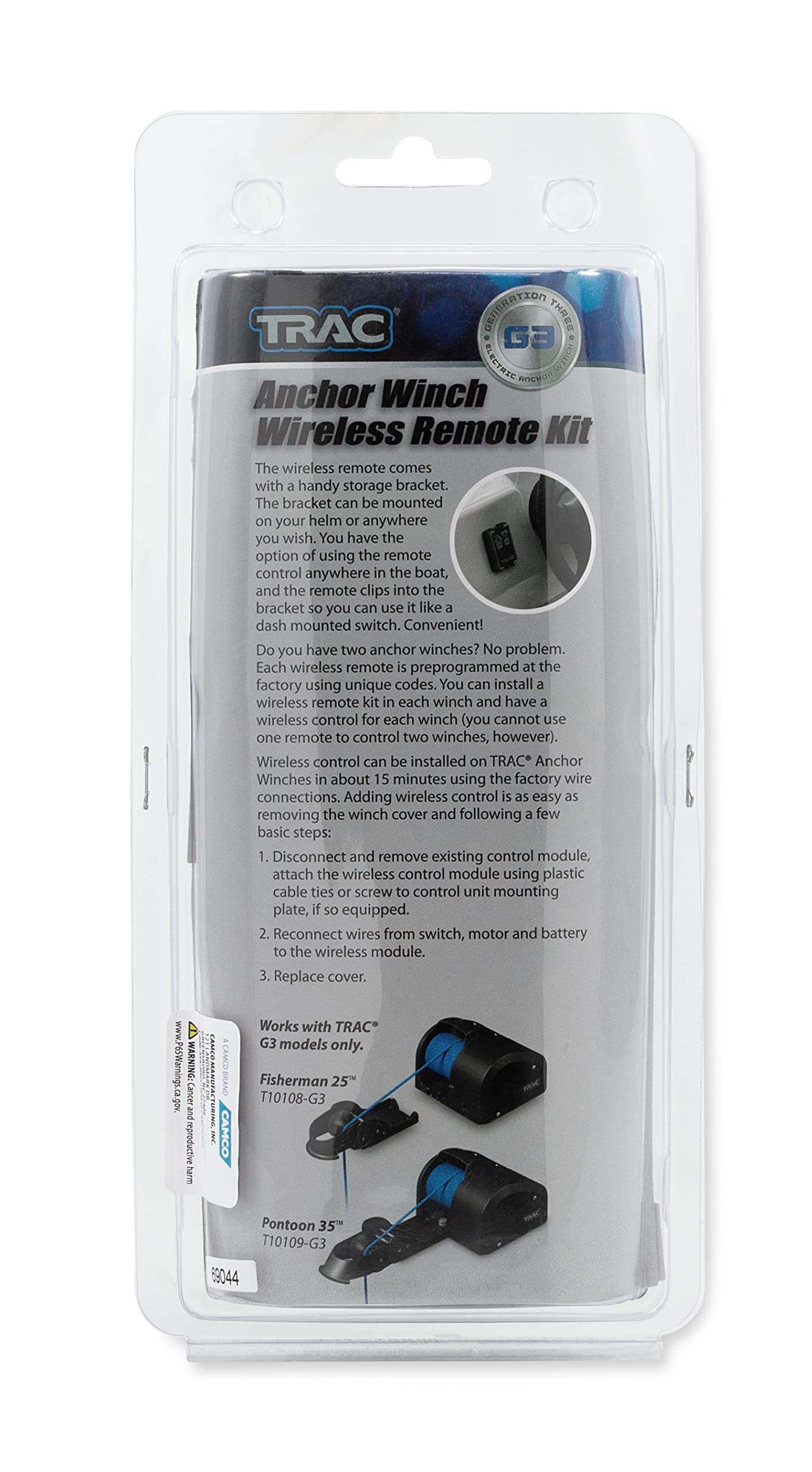 TRAC Outdoors Camco G3 Wireless Winch Remote Kit | Features Remote Control Push-Button Boat Anchor Winch Operation from Anywhere in the Boat | Includes Storage Bracket for Mounted Installation (69044)