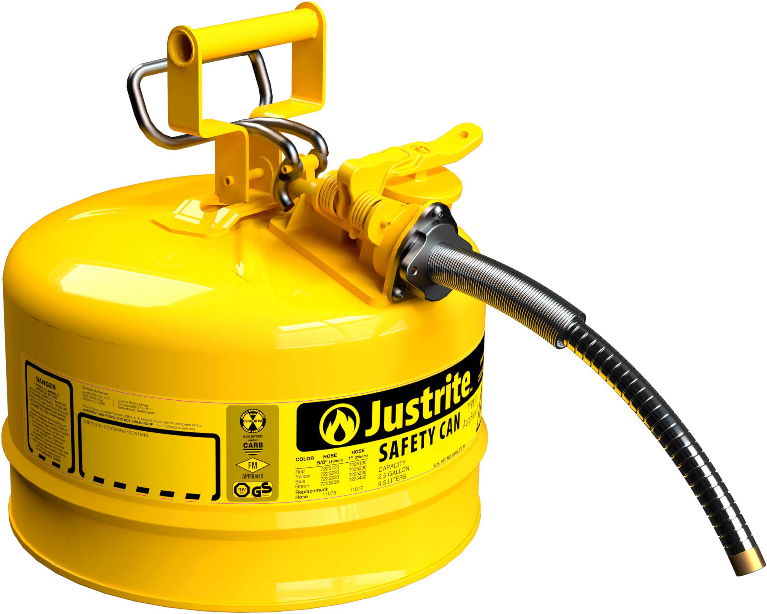 2.5 Gallon Justrite Type II Yellow Safety Can for Diesel with Flame Arrester, Self-Closing Lid, and 5/8" Flexible Metal Spout, Made in the USA, Galvanized Steel Flammable Storage Can, 7225220