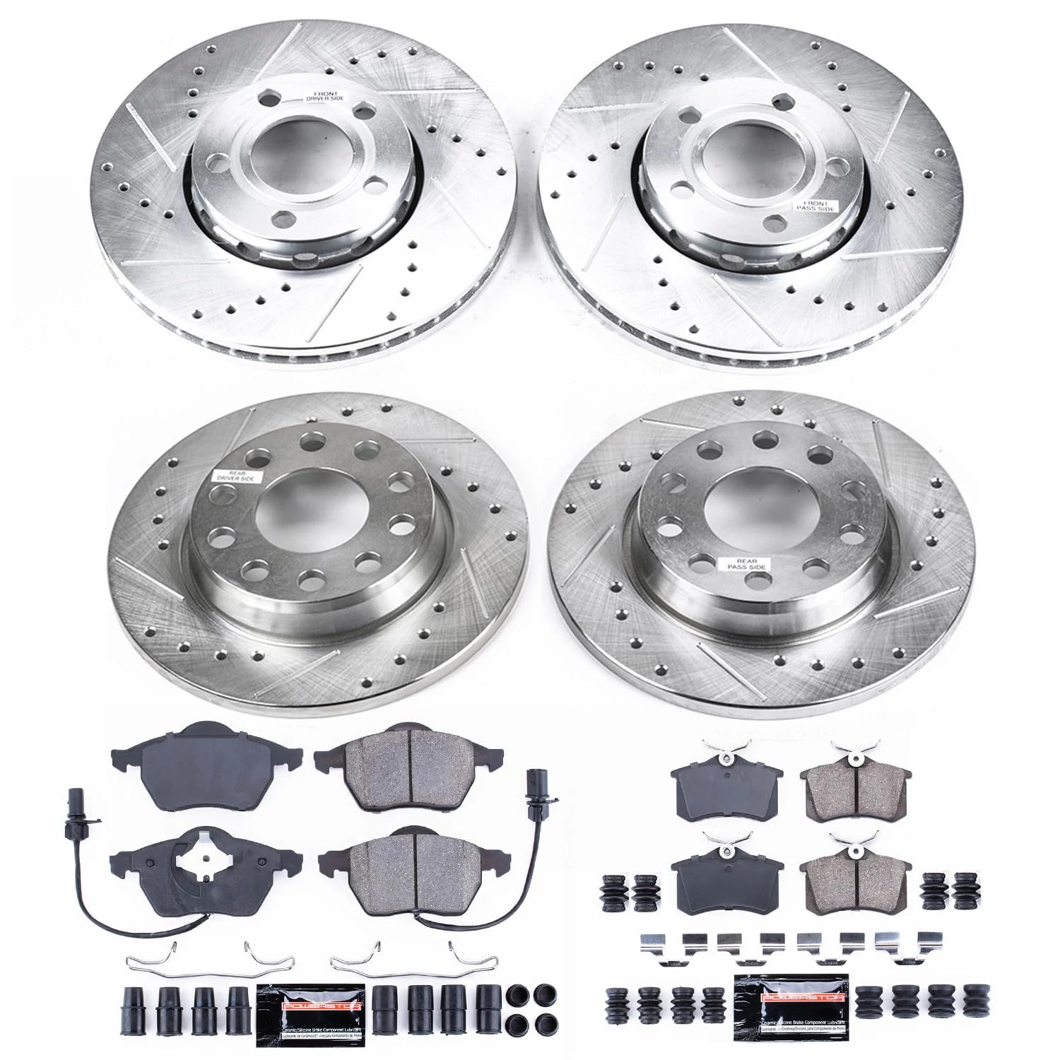 Power Stop K7917 Z23 Carbon Fiber Brake Pads Front and Rear with Drilled & Slotted Brake Rotors Kit For Audi A4 Quattro 2004-2006 [Model Specific]