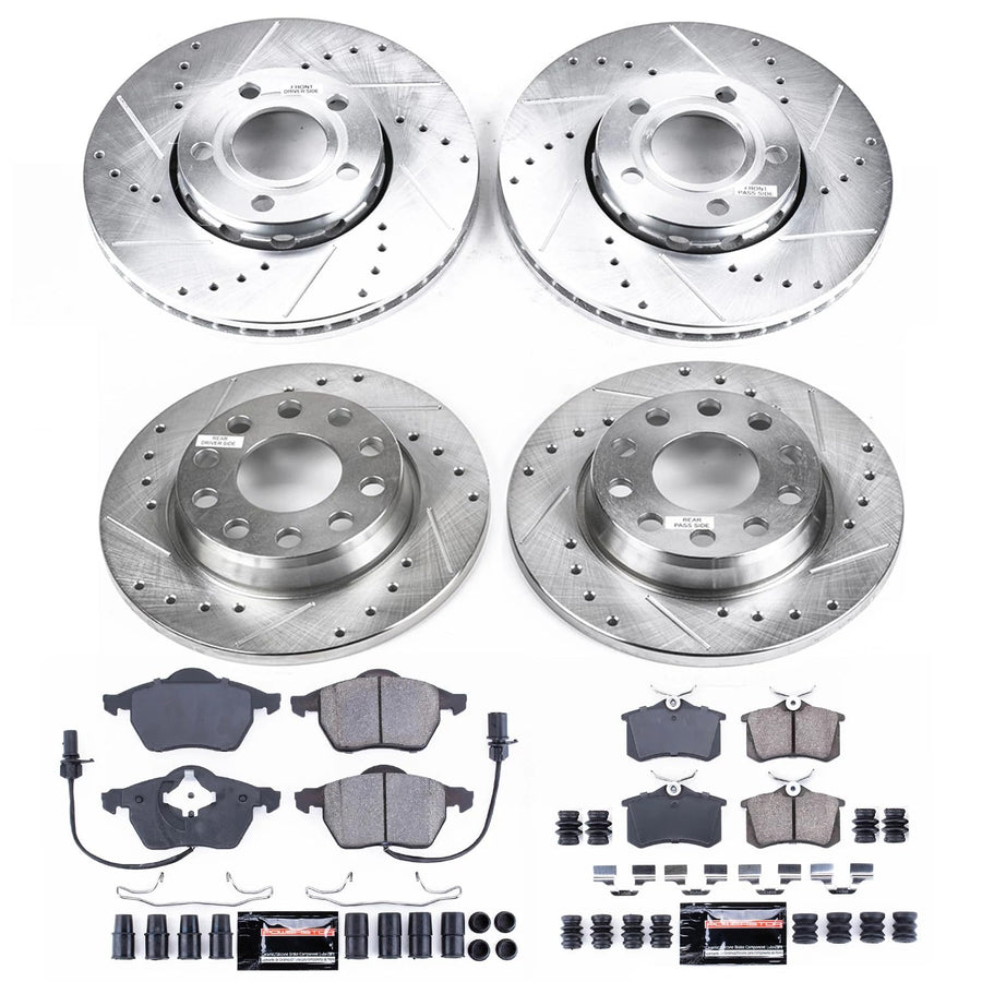 Power Stop K7917 Z23 Carbon Fiber Brake Pads Front and Rear with Drilled & Slotted Brake Rotors Kit For Audi A4 Quattro 2004-2006 [Model Specific]