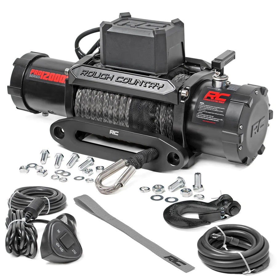 12,000LB Rough Country PRO Series Electric Winch | Synthetic Rope - PRO12000S, Black