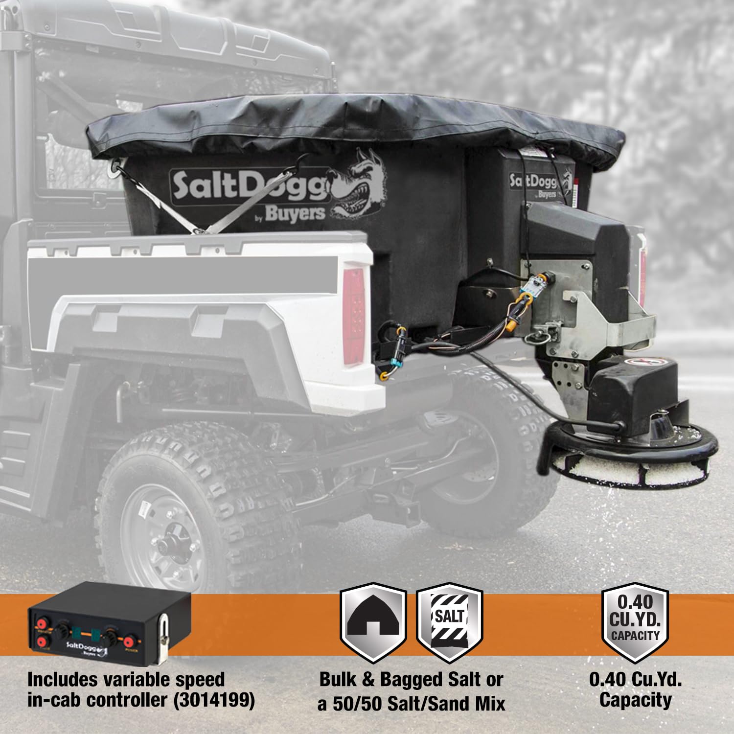 SaltDogg 0.40 Cu Yd SHPE0400 Electric Poly Hopper Spreader with Auger for UTVs, 1/2 Ton & 6-1/2 ft+ Bed Trucks — Patented Double‑Wall Hopper, 14" Spinner, in‑Cab Variable Speed Control, Made in USA