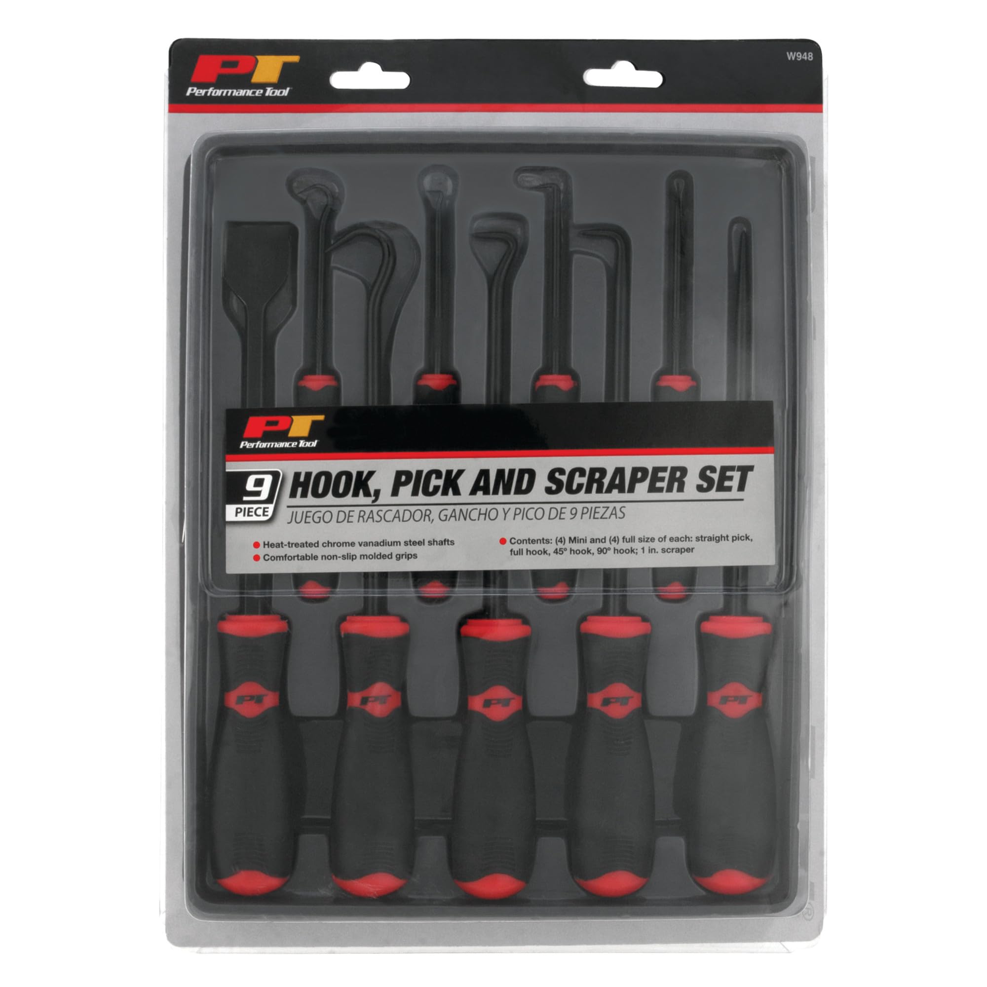 W948 Performance Tool 9-Piece Hook/Pick/Scraper Set,Black/Red
