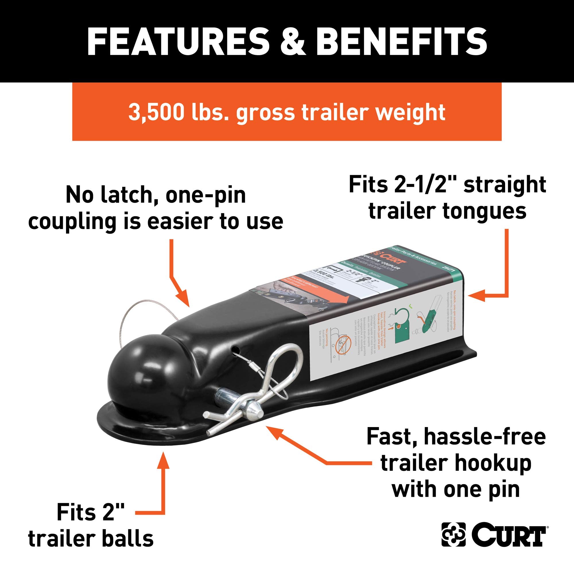 QuickPin CURT 25471 No-Latch Trailer Coupler for 2-Inch Hitch Ball, 2-1/2-In Channel, 3,500 lbs