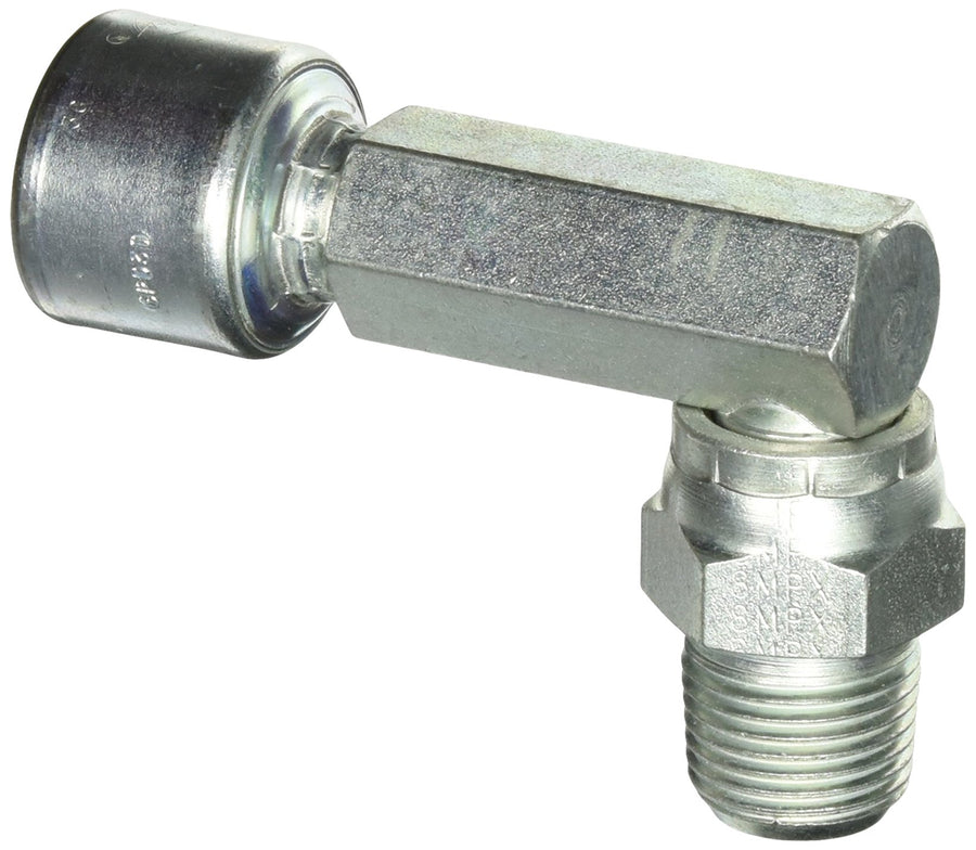 MegaCrimp Couplings Gates 6G-8MPX90L, Male Pipe Swivel, 90 Long Block, NPTF Without 30 Cone Seat, Zinc Plated Carbon Steel, 3.40", 3/8" ID