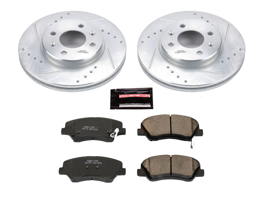 Power Stop K6508 Z23 Carbon Fiber Brake Pads with Drilled & Slotted Brake Rotors Kit For Hyundai Accent 2012-2017, Kia Rio 2012-2017 [Model Specific]