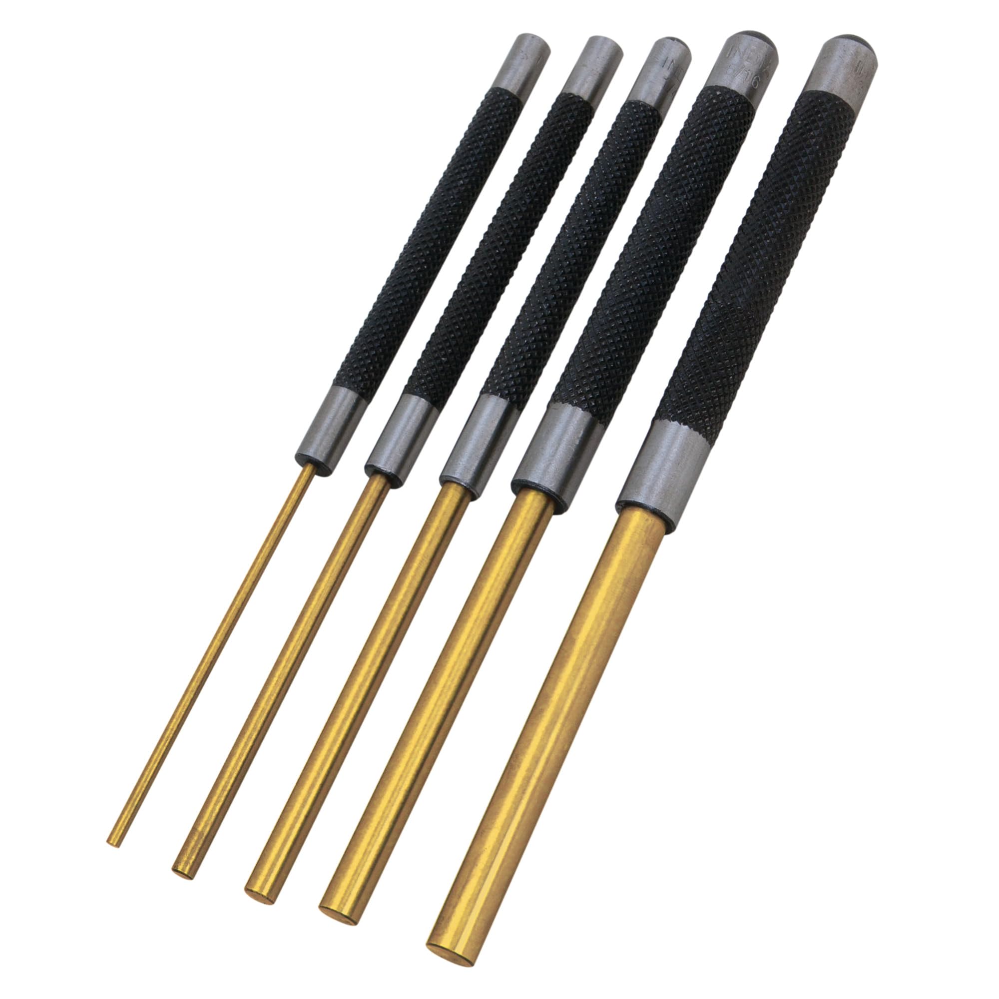 W759 Performance Tool Brass Roll Pin Punch Set to Remove Pins with Knurled Steel Handles for Good Grip, 8-Inches, 5-pc