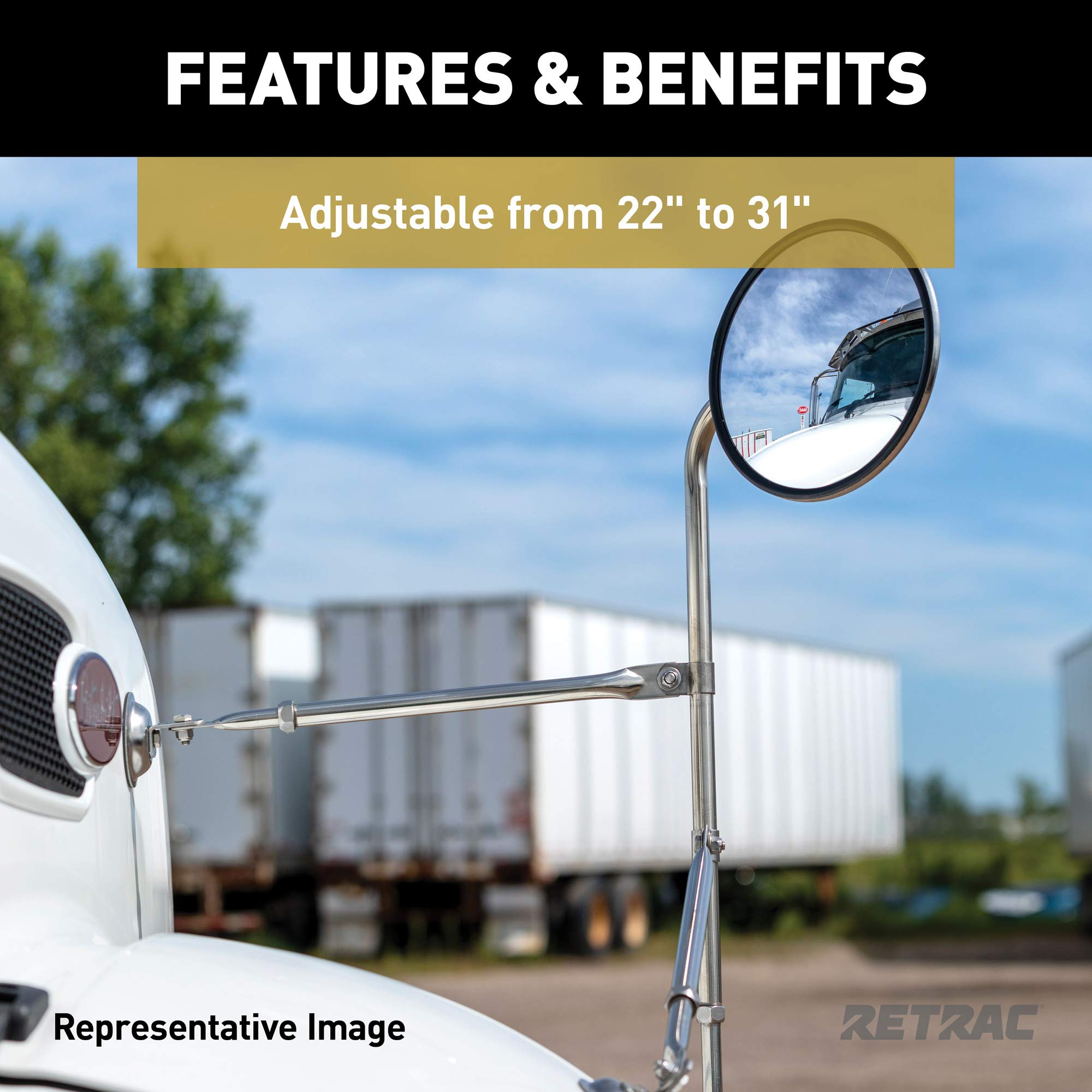 Fender-Mount Retrac 604677 Stainless Steel Safety Mirror Mounting Assembly, 22 to 31-Inch Adjustment, Universal Driver or Passenger Side