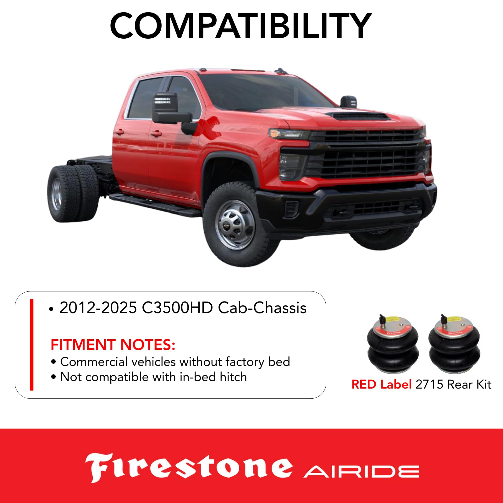 Firestone 2715 Airide Red Label Rear Springs Kit fits 2012-2025 C3500HD Cab-Chassis | 5-150 PSI | Load Capacity of 7,500 Pounds | No Drill Installation