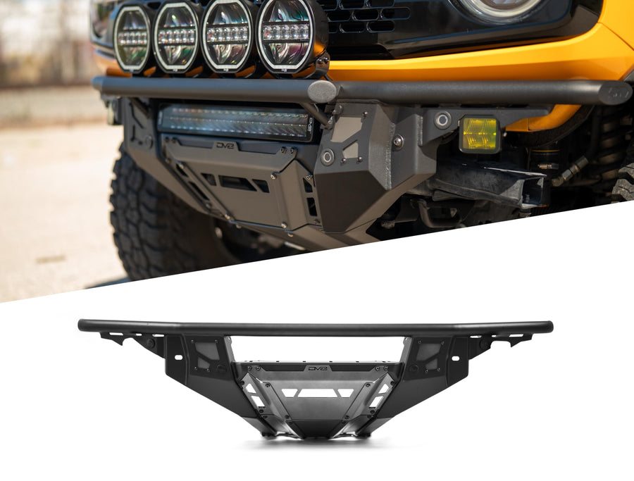 Front Bumper DV8 Offroad Tube Series for 2021-2025 Ford Bronco | Ultra High-Clearance Design | Center Light Mount | Prerunner Style Bolt-On Light Hoop | Recovery Points | Front Skid Plate | Steel