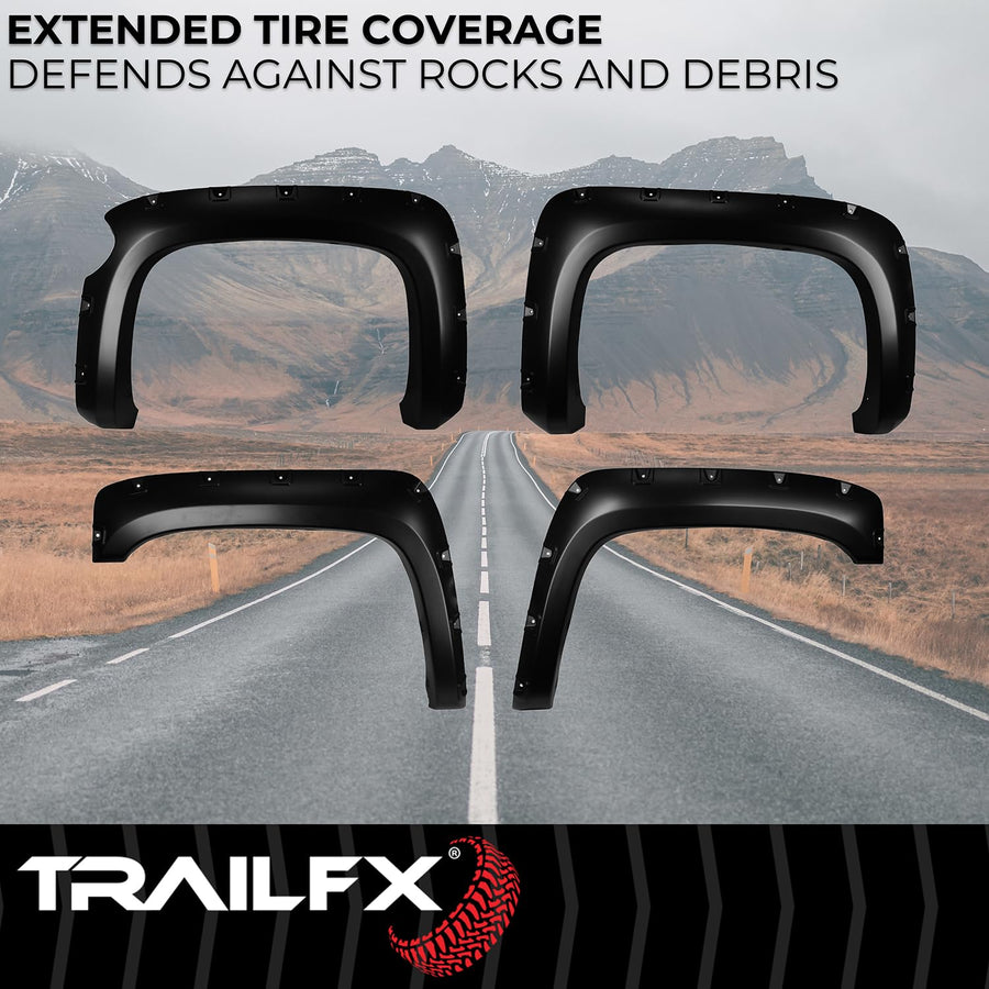 TrailFX Pocket Style Fender Flares for 5.7 Foot Bed Chevrolet Silverado 1500 2007-2013 Black Smooth Paintable Polypropylene Set of 4 with Stainless and Black Steel Rivets TrailFX TFC3003S