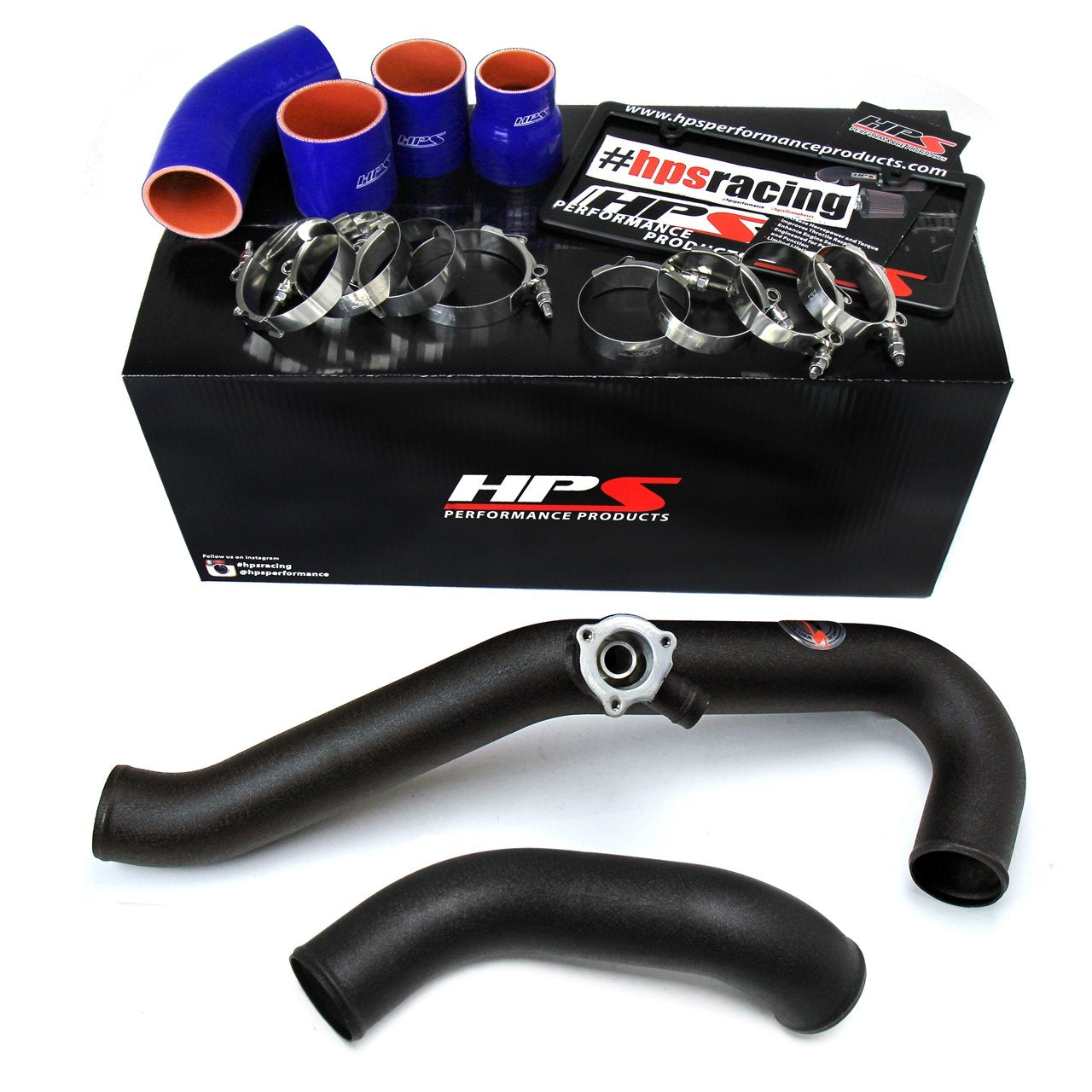 HPS Performance Intercooler Wrinkle Black (Charge Hot and Cold Side with Blue Hoses) Compatible for 2015-2020 Ford Mustang Ecoboost 2.3L Turbo, 17-102WB
