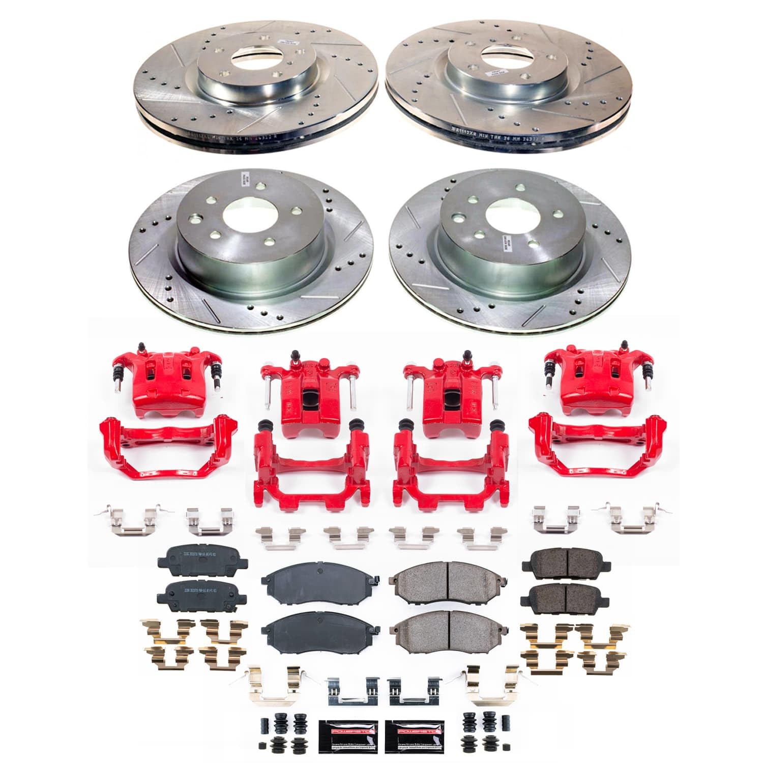 POWERSTOP Z23 Brake Pads and Rotors Front and Rear Brake Kit with Red Powder Coated Calipers For INFINITI EX35 2008-2009, INFINITI M35 2010, INFINITI M45 2010, Nissan 370Z 2009 [Vehicle Specific]