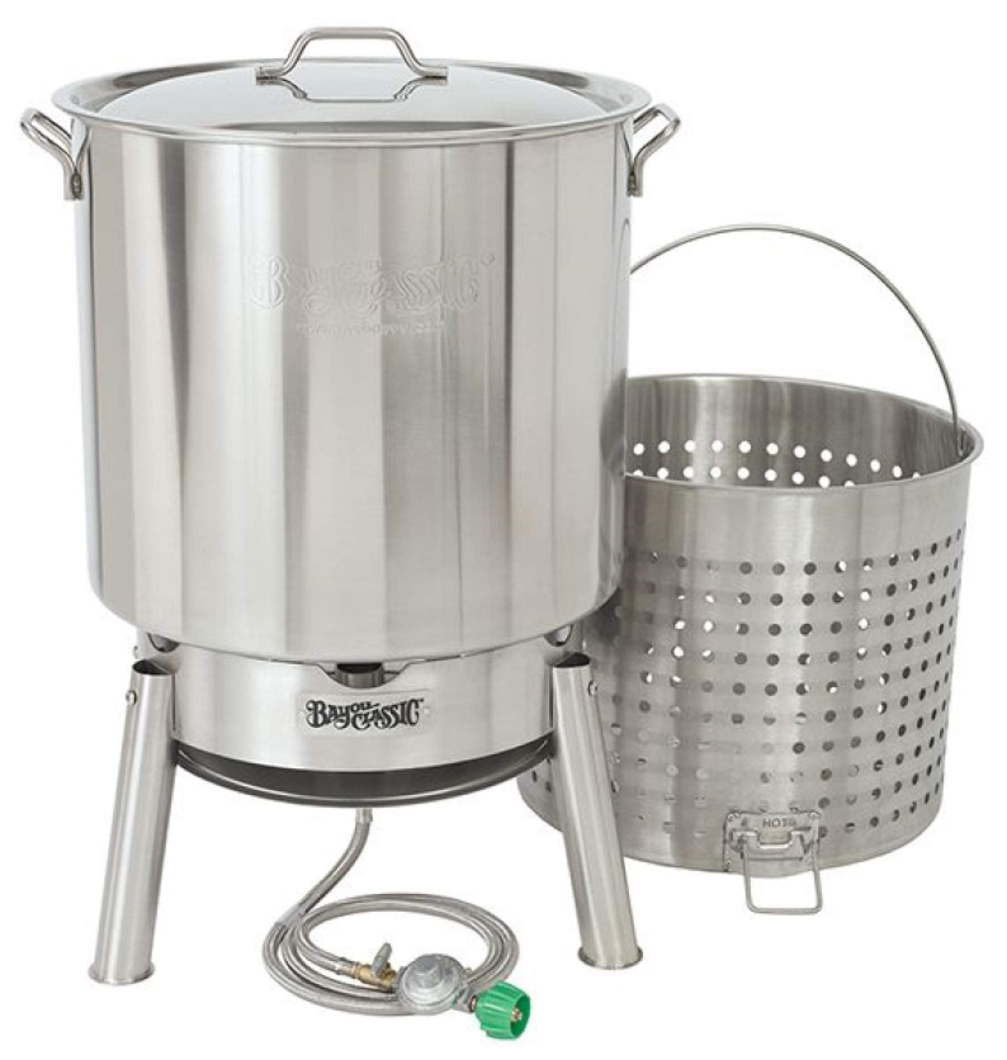 KDS-182 Bayou Classic Stainless Steel Boiler Cooker Kit Features 82-qt Stainless Boiler with Lid, Boil Basket with Helper Handle, Single Jet 106,000 BTU Burner, 10-psi Pre-Set Regulator and 60-in Hose