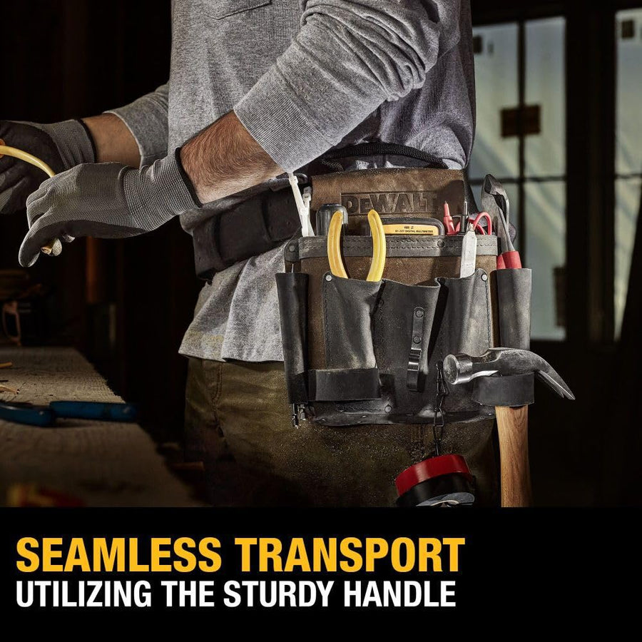 Leather DEWALT Tool Pouch for Electricians, 8 Pockets, Hammer Loops and Tape Chain (DWST550114)