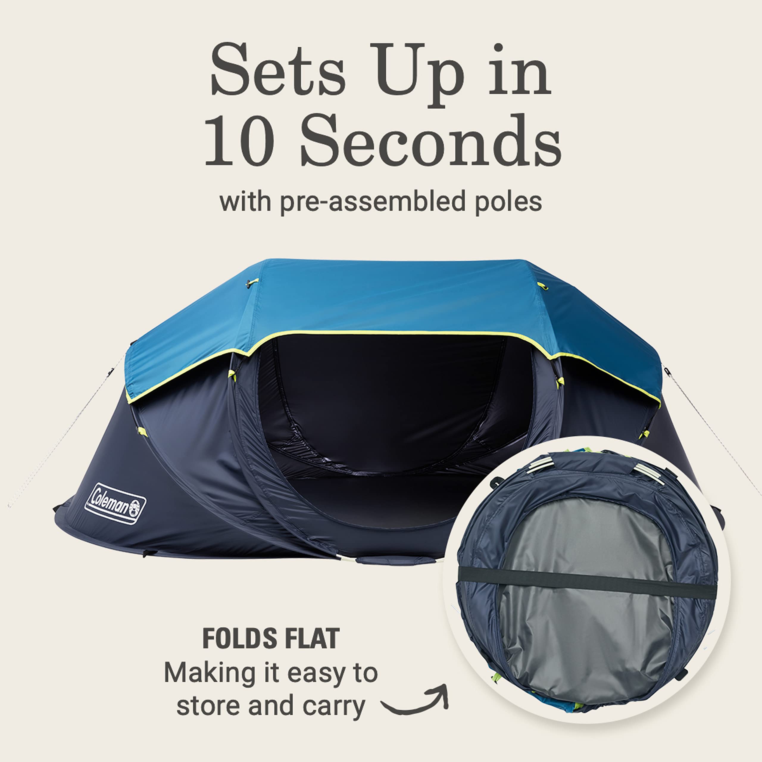 Coleman Camping Tent Pop-Up with Dark Room Technology, 2/4 Person Sets Up in 10 Seconds & Blocks 90% of Sunlight, Includes Pre-Assembled Poles, Adjustable Rainfly, & Taped Floor Seams