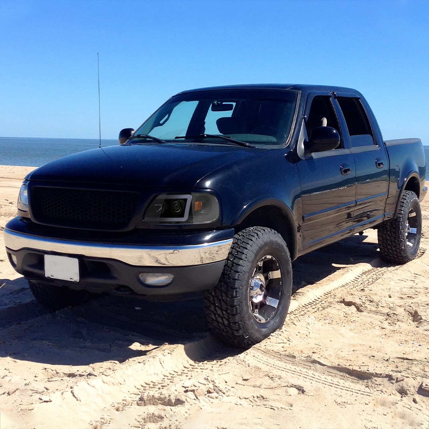 Jet Black SPEC-D TUNING Projector Headlights w/LED Light Bar Compatible with 1997-2003 Ford F-150, 2004 Ford F-150 Heritage, Left + Right Pair Headlamps Assembly