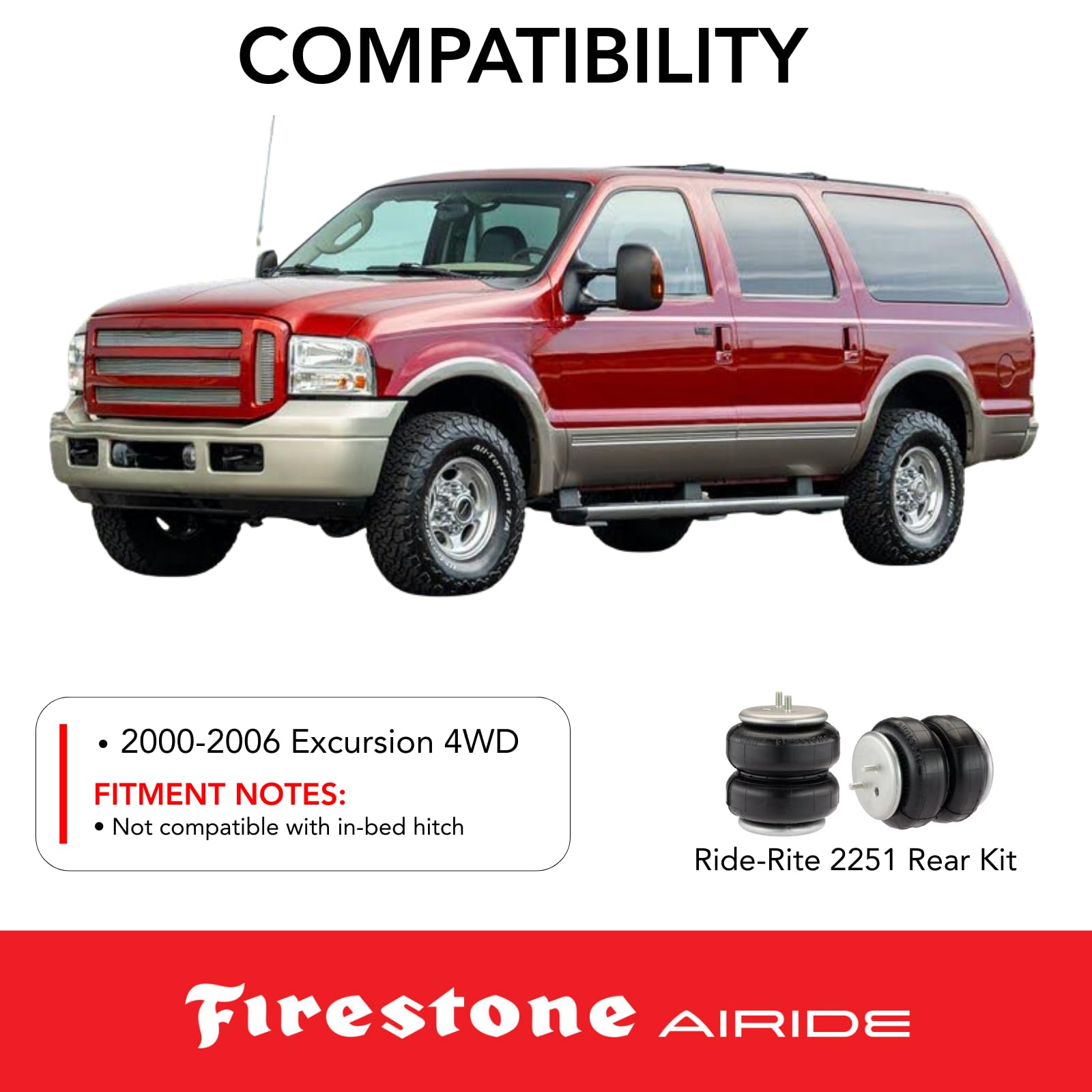 Firestone 2251 Ride-Rite Airide Rear Springs Kit fits 2000-2006 Excursion 4WD | 5-100 PSI | Load Capacity of 5,000 Pounds | Enhances Brake Effectiveness | Reduces Tire Wear