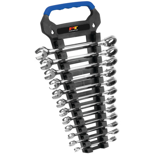 12pc Performance Tool W30642 Metric Combo Ratcheting Wrench Set | Premium Drop Forged Chrome Vanadium Steel | Oil & Corrosion Resistant | Sizes: 8, 9, 10, 11, 12, 13, 14, 15, 16, 17, 18 & 19mm , Black