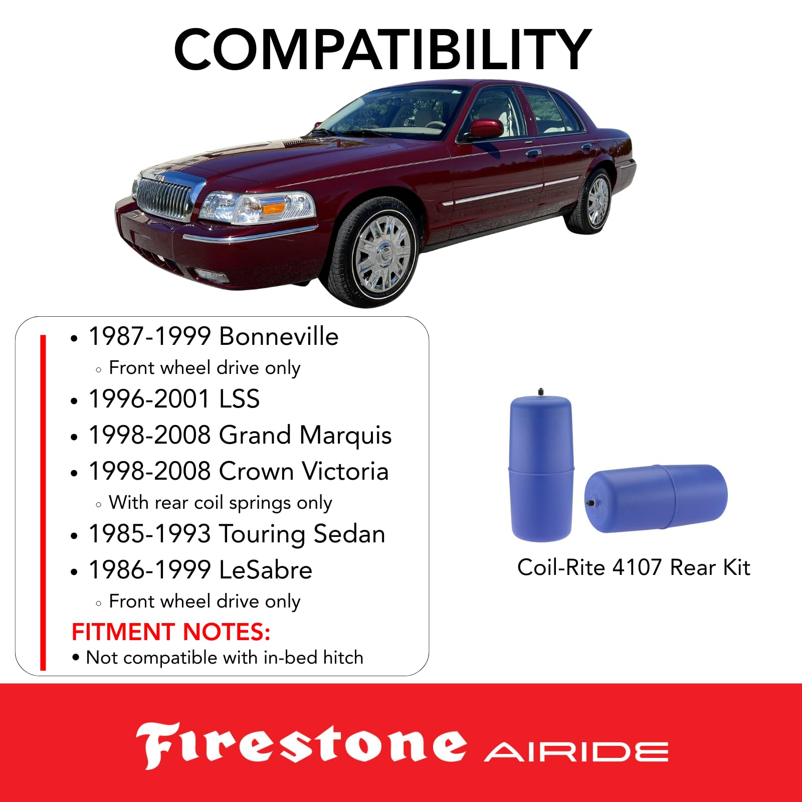 Firestone 4107 Airide Coil-Rite Rear Springs Kit fits 1998-2008 Grand Marquis and Crown Victoria with Rear Coil Springs Only | 5-35 PSI | No Drill Installation | Load Capacity of 1,000 Pounds