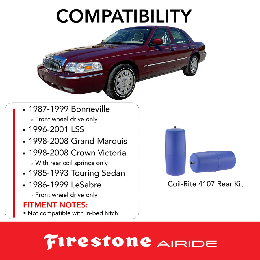 Firestone 4107 Airide Coil-Rite Rear Springs Kit fits 1998-2008 Grand Marquis and Crown Victoria with Rear Coil Springs Only | 5-35 PSI | No Drill Installation | Load Capacity of 1,000 Pounds