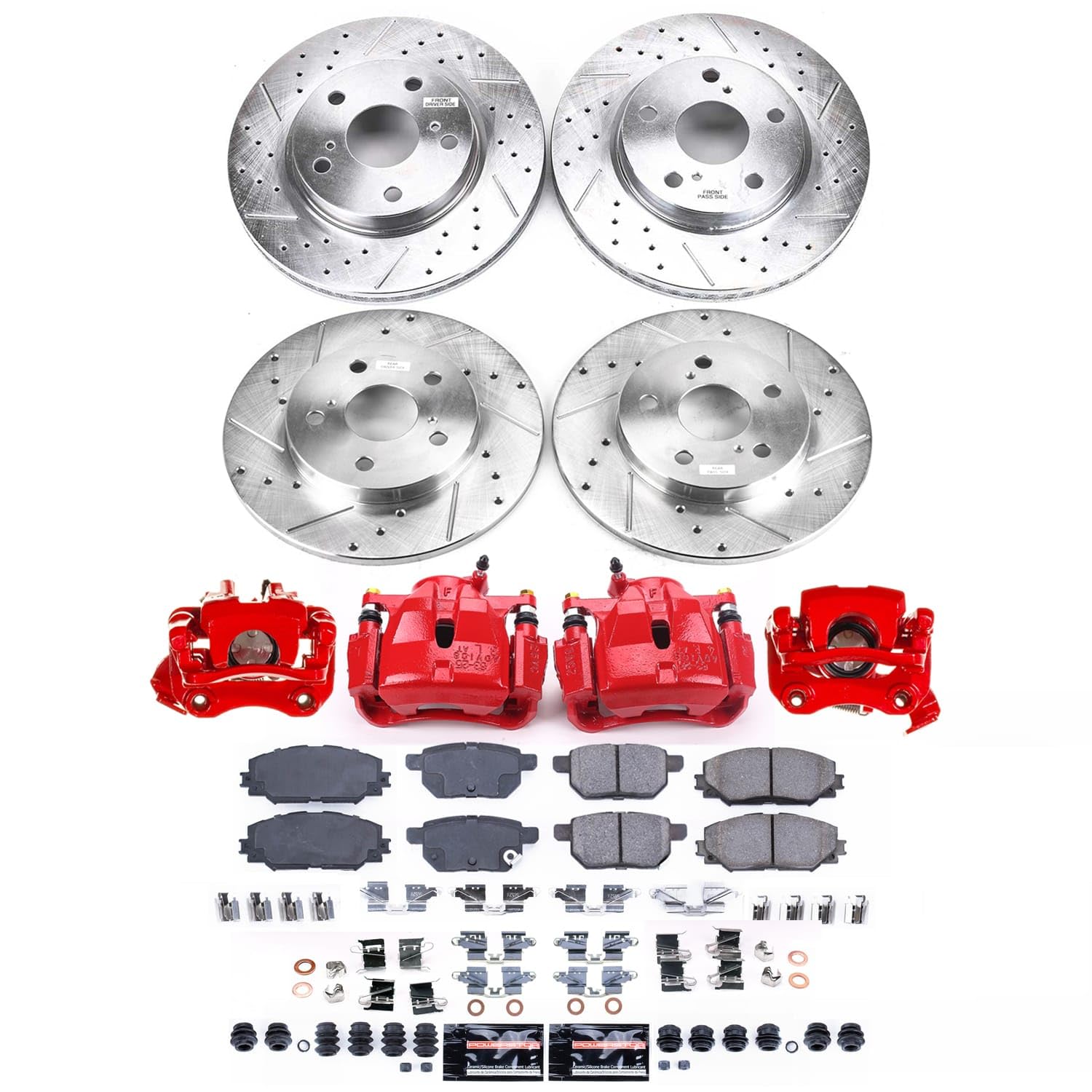 Power Stop Z23 Brake Pads and Rotors Front and Rear Brake Kit with Red Powder Coated Calipers For Scion xB 2008-2015 [Application Specific]