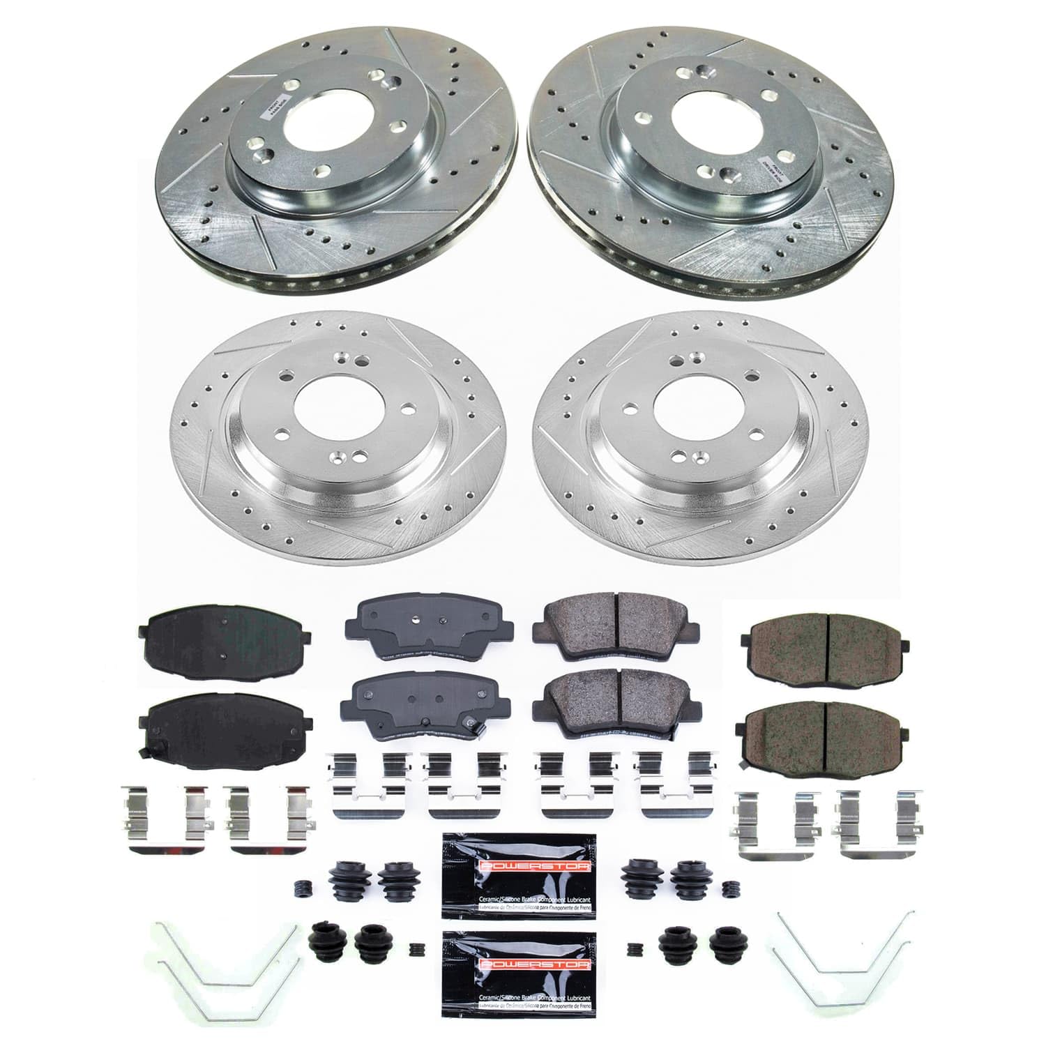 Power Stop K9140 Z23 Carbon-Fiber Ceramic Brake Pads and Front and Rear Drilled and Slotted Rotors Brake Kit For Kia Forte 2022 [Application Specific]