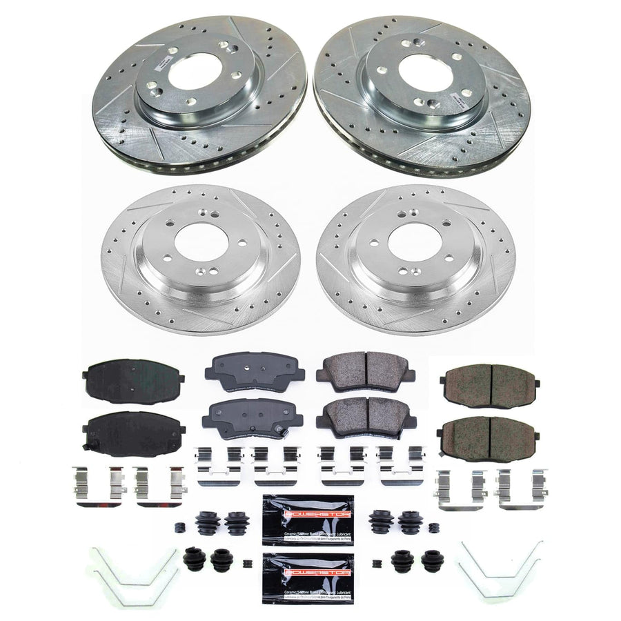 Power Stop K9140 Z23 Carbon-Fiber Ceramic Brake Pads and Front and Rear Drilled and Slotted Rotors Brake Kit For Kia Forte 2022 [Application Specific]