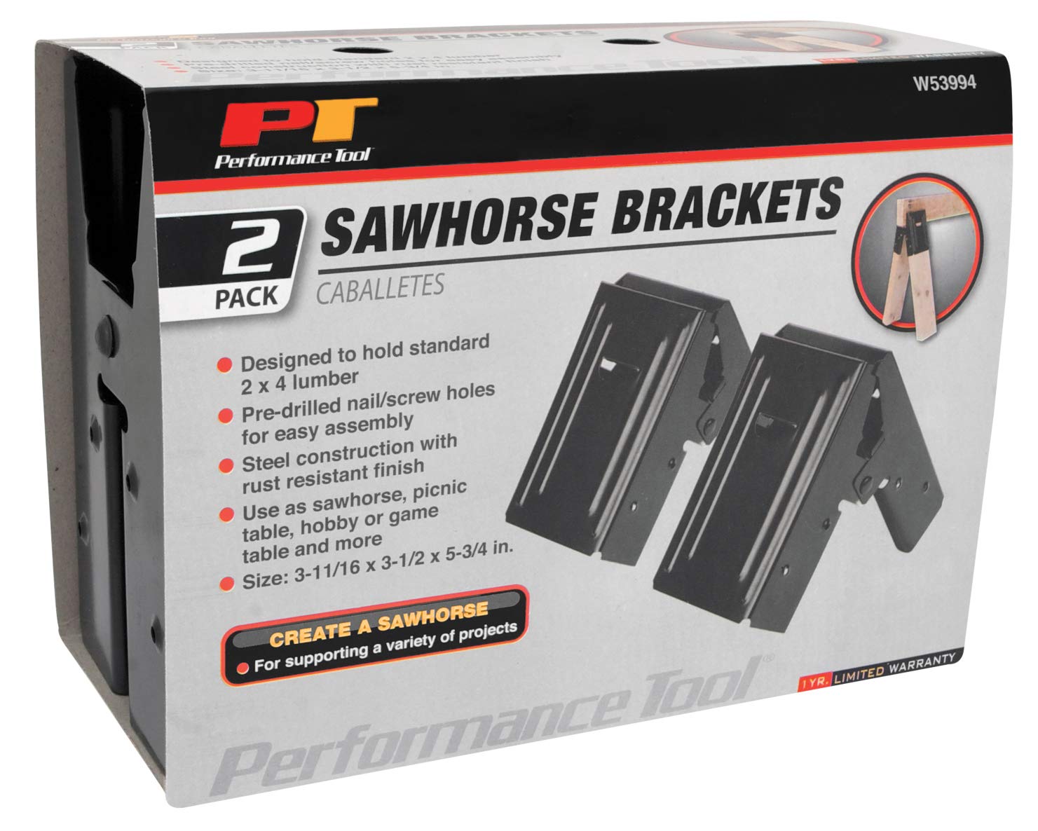 W53994 Performance Tool Sawhorse Bracket, 2 Pack - Durable and Easy-to-Use Metal Brackets for Creating Sturdy and Reliable Sawhorses