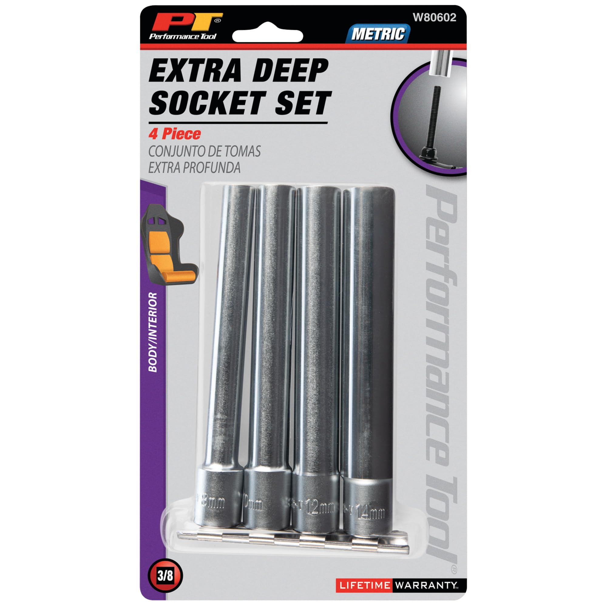 W80602 Performance Tool 4Pc 3/8 Drive Met Extra Deep Wall 6Pt Socket Set for Precision Fastening and Durability - Ideal for Automotive and Industrial Applications