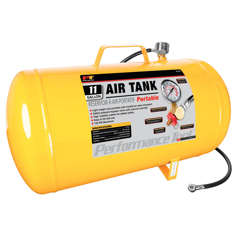 Hi-viz Performance Tool W10011 11-Gallon Horizontal Portable Air Tank With Tire Air Chuck, Yellow