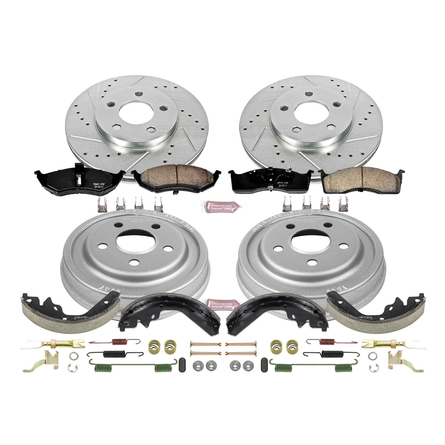 Power Stop K15058DK Z23 Carbon Fiber Brake Pads Front and Rear with Drilled & Slotted Brake Drums Kit For Dodge Neon 2000-2005, Plymouth Neon 2000-2001 [Model Specific]