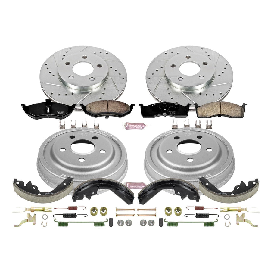 Power Stop K15058DK Z23 Carbon Fiber Brake Pads Front and Rear with Drilled & Slotted Brake Drums Kit For Dodge Neon 2000-2005, Plymouth Neon 2000-2001 [Model Specific]