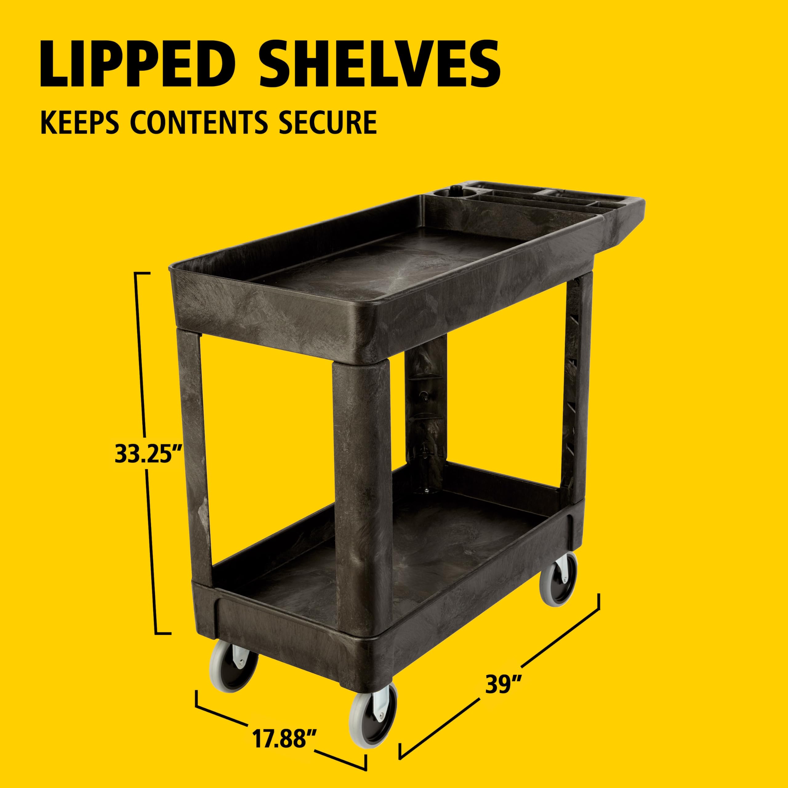 Rubbermaid 2-Shelf Commercial Products Utility/Service Cart, Small, Lipped Shelves, Storage Handle, 500 lbs. Capacity, for Warehouse/Garage/Cleaning/Manufacturing