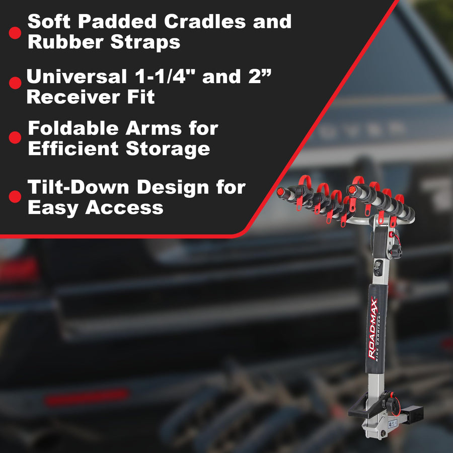 Road-Max Deluxe Trimax–RMRB4X Hitch Mount 4-Bike Carrier - Fits 1-1/4" and 2" Receivers, 4 Bike Rack Hitch, Soft Padded Cradles, Foldable Arms, Tilts for Rear Access