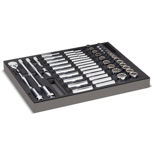 Powerbuilt Ratchet and Socket Tool Set, Extension Bars, Deep and Shallow Sockets, Organizer Tray, Pro Tech Series - 949005, 3/8-Inch, Silver, 54 Piece