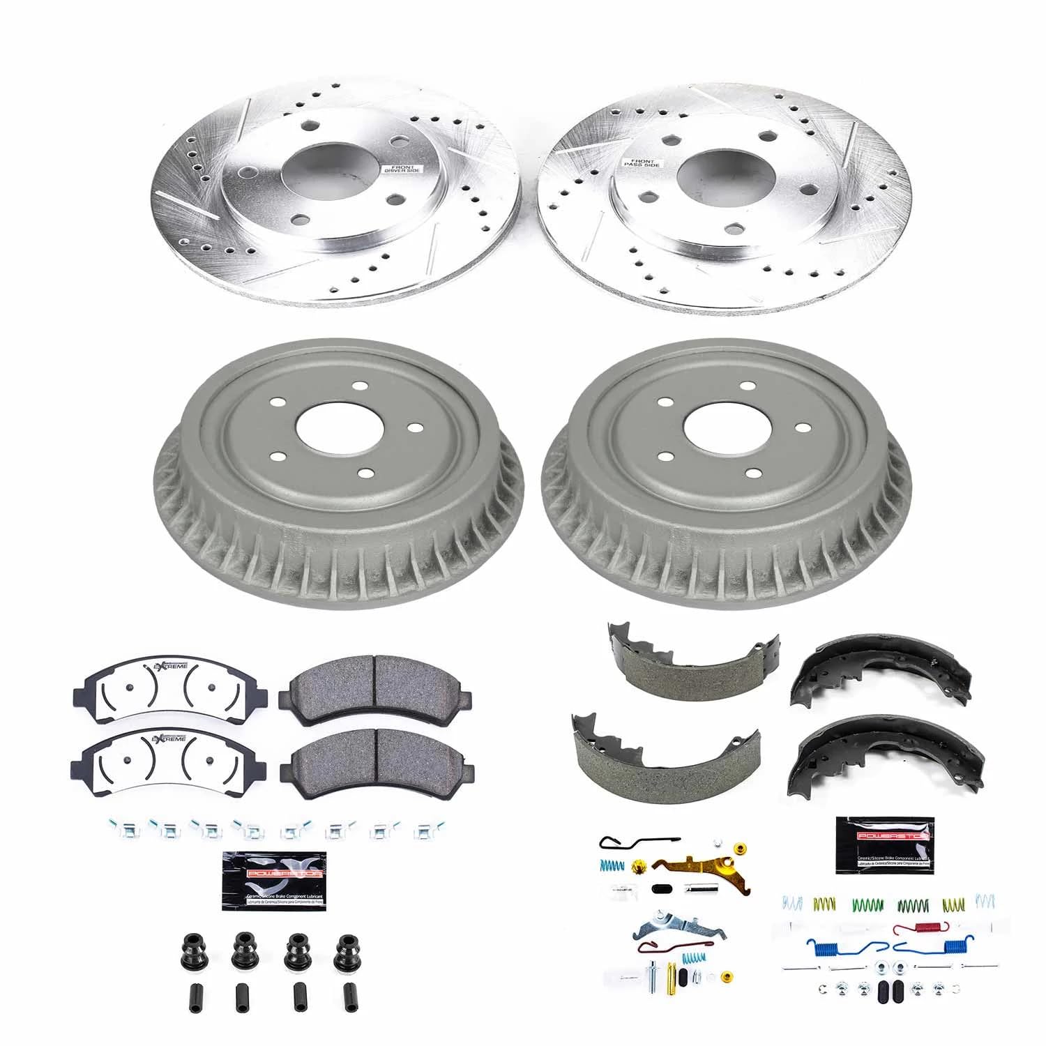Power Stop Brake Kit Front and Rear For 1998 1999 2000 2001 2002 2003 Chevrolet S10 - Truck & Tow Carbon Fiber Ceramic Pads, Drums, & Drilled and Slotted Rotors Replacement, K15428DK-36