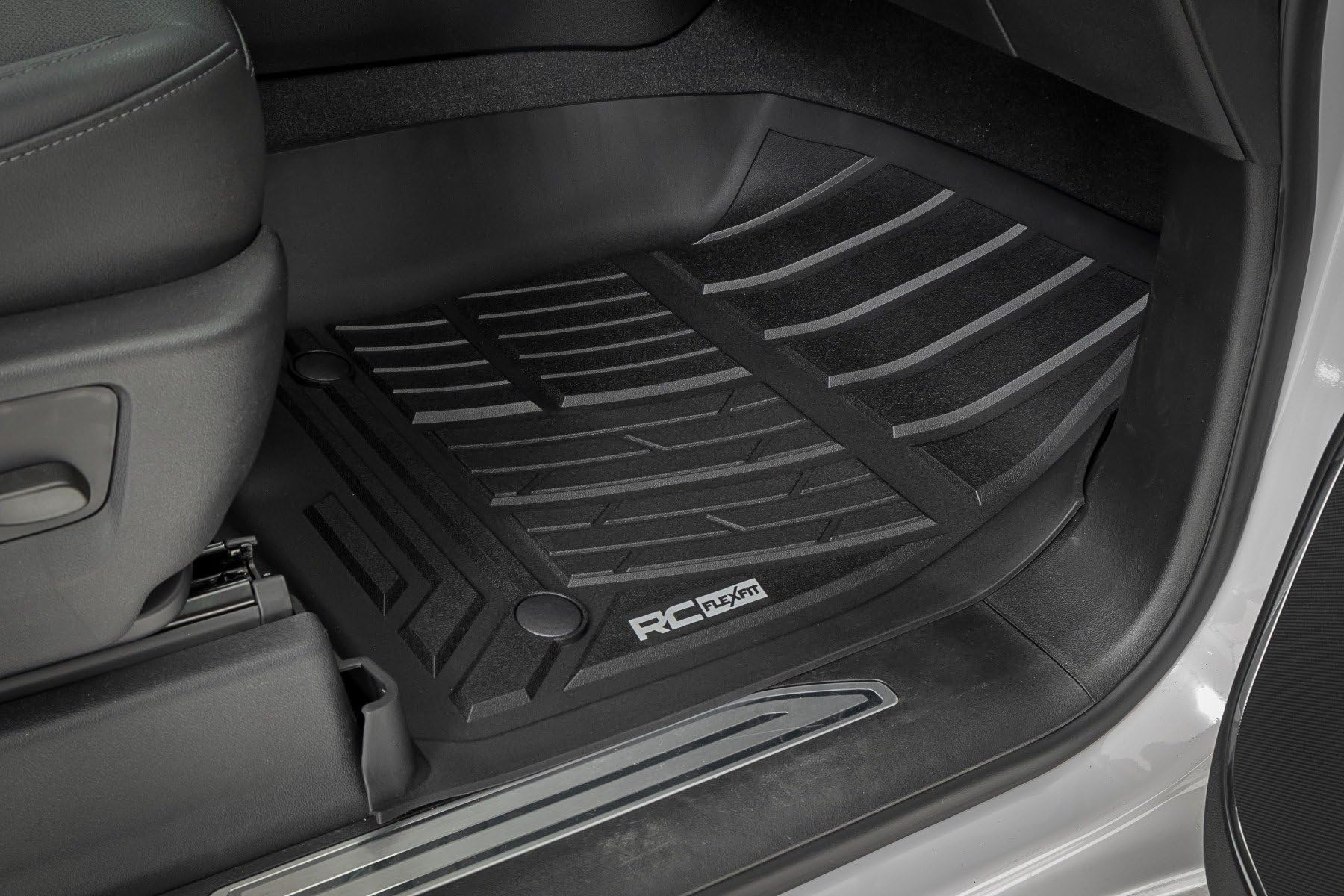 Flex-Fit Rough Country Floor Mats for Chevy Silverado & GMC Sierra 1500/2500HD/3500HD (2019-2026) Crew Cab - Front & Rear Set, All-Weather Non-Slip TPE Liners w/Spill Saver Lip