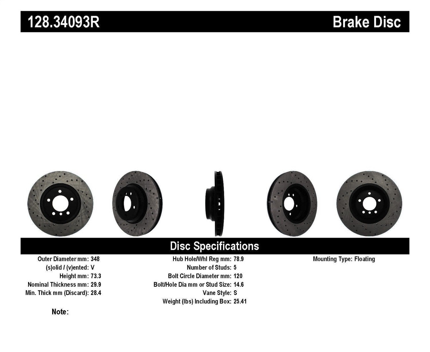Front Right StopTech 128.34093R Sport Cross Drilled Brake Rotor