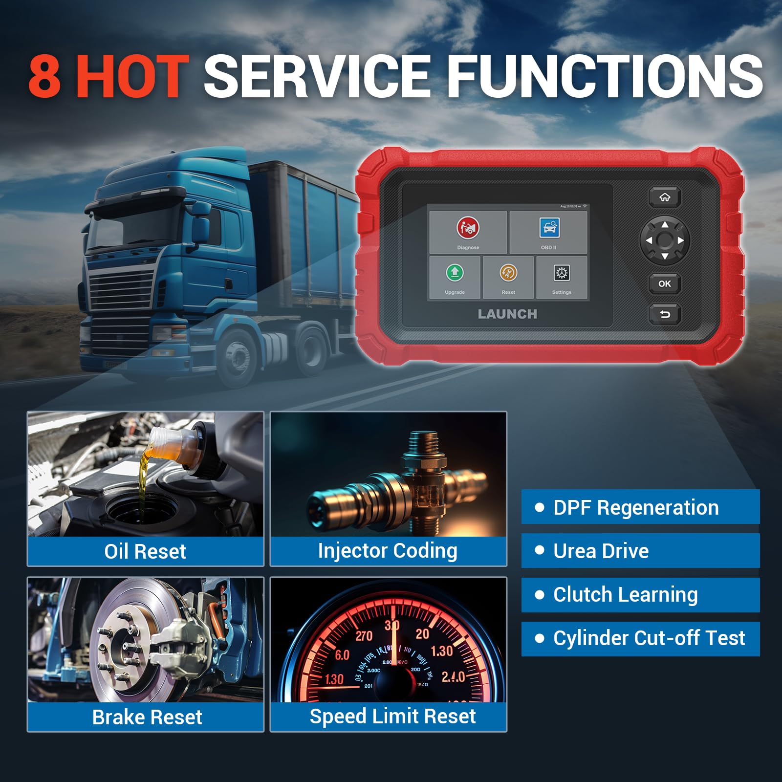 Millennium HD ProA LAUNCH Heavy Duty Truck Scanner All System Diesel Diagnostic Scan Tool with 8 Service Functions, for Freightliner Peterbilt Kenworth Western Star Mack (Use in The US & CAN)