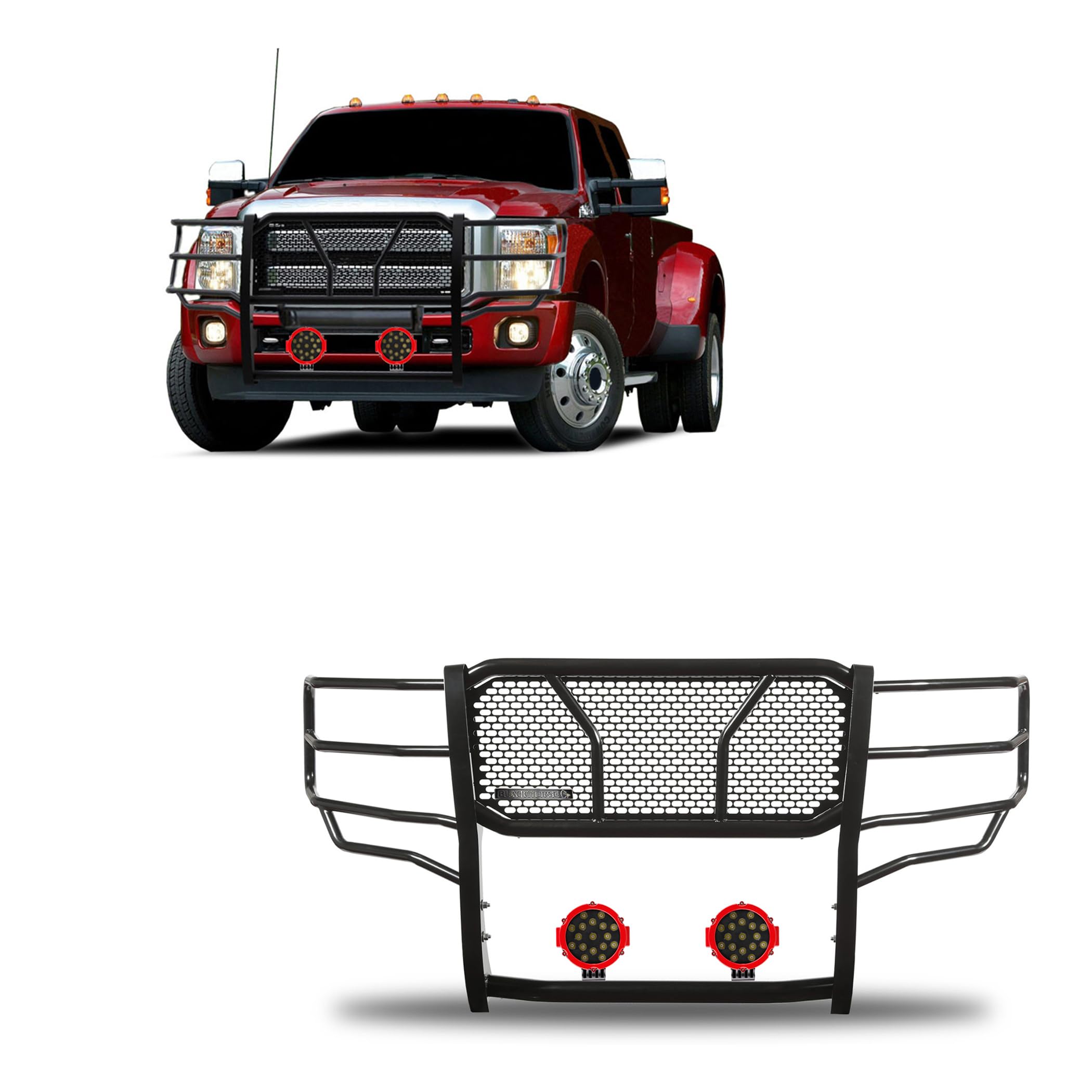 Heavy Duty Black Horse RUGGED Grille Brush Bumper Guard Modular Come With pair of 7.0"LED Lights Compatible with 2011-2016 Ford F-250 Ford F-350/Ford F-450/Ford F-550 Super Duty-RU-FOF211-B-PLR