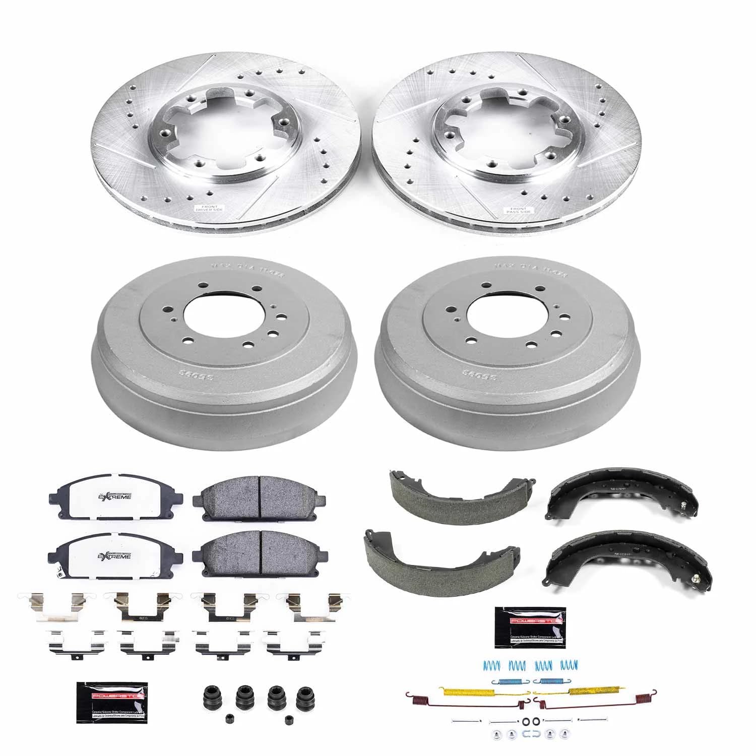 Power Stop Brake Kit Front and Rear For 1996 1997 1998 Nissan Pathfinder - Truck & Tow Carbon Fiber Ceramic Pads, Drums, & Drilled and Slotted Rotors Replacement, K15116DK-36