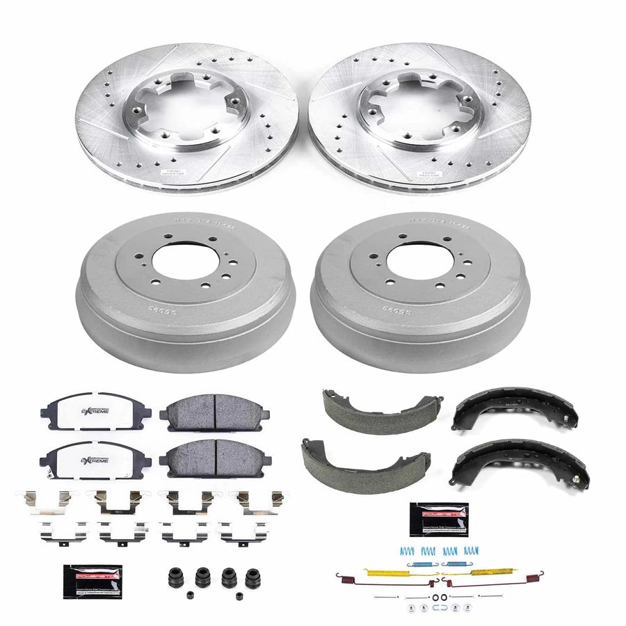 Power Stop Brake Kit Front and Rear For 1996 1997 1998 Nissan Pathfinder - Truck & Tow Carbon Fiber Ceramic Pads, Drums, & Drilled and Slotted Rotors Replacement, K15116DK-36
