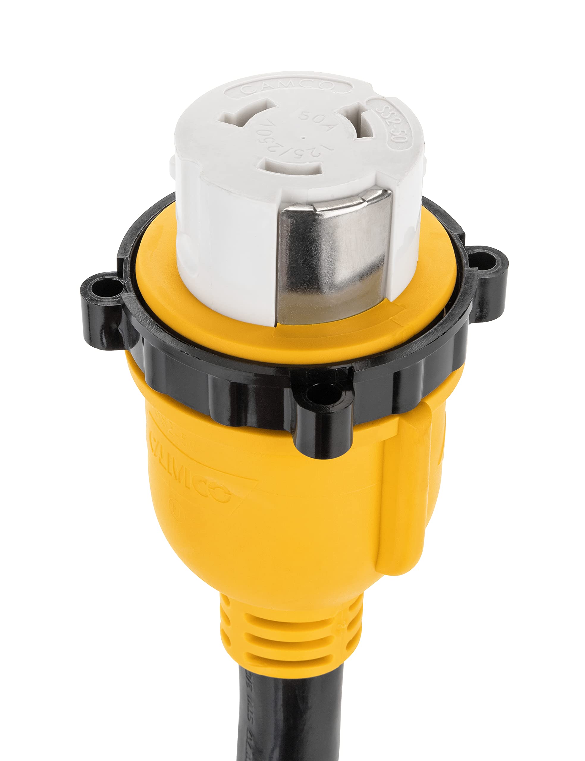 Camco 25-Foot PowerGrip 50-Amp RV Extension Cord | Features a 50-Amp Standard Male Connector, a 50-Amp Locking Female Connector, and is Rated for 125/250 Volts/12500 Watts (55542)